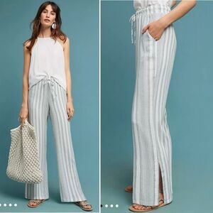 Cloth & Stone Blue &‎ White Stripe Wide Leg Split Hem Linen Blend Pants Sz Large